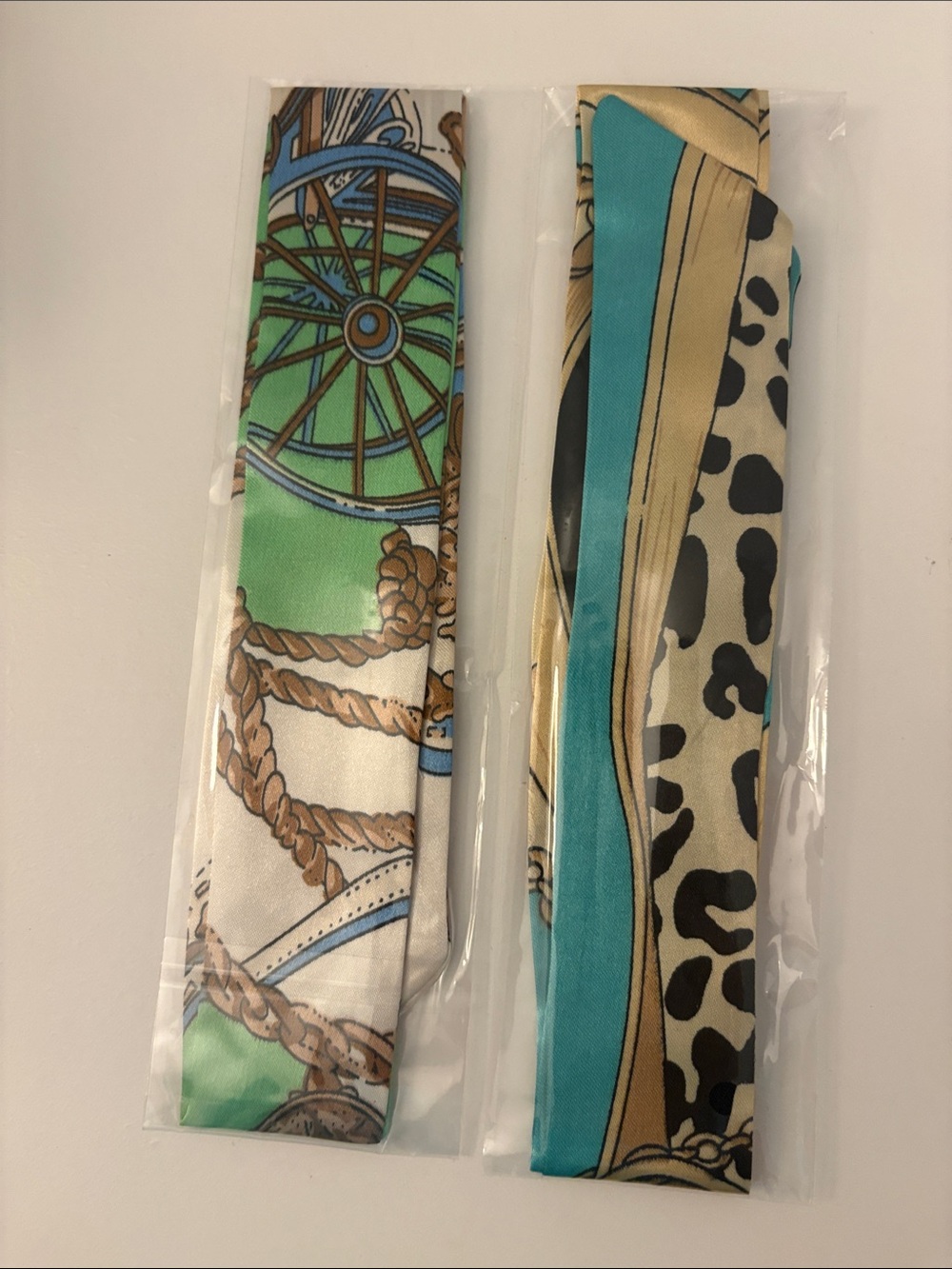 Set of Two Narrow Decorative Twilly Scarves in Teal, Green & Cream